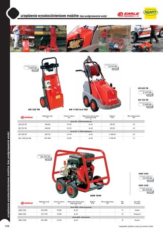 kompletna maszyna
             kompletna maszyna
                                                                                                                                        8.731,00
                  3.454,00




                                                                                                                                                                               KD 623 TN
                                                                                                                                                                                 kompletna maszyna
                                                                                                                                                                                        3.177,00


                                                                                                                                                                               KD 740 TN
                                                                                                                                                                                 kompletna maszyna
                                                                                                                                                                                        3.588,00
                                                                                                                                                                                        3.588,0

                  KD 723 TN                                                     KD 1140 4x4 TSS

                                       Wydajność wody                   Ciśnienie robocze         Maksymalna dopuszczalna                Napięcie              Moc przyłączeniowa
                                             l/h                               bar                    temperatura wody                    V/Hz                        kW
                                                                                                             °C
                                                                                  Seria KD - 230V jednofazowe
      KD 623 TN                           260-660                           10-120                          do 60                        230/50                       2,8

      KD 723 TN                           260-690                           10-135                          do 60                        230/50                       3,0

                                                                                  Seria KD - 3~400V trójfazowe
      KD 740 TN                           260-720                           10-170                          do 60                       3~400/50                      4,8

      KD 1140 4x4 TSS                     330-1000                          10-230                          do 60                       3~400/50                      7,3




                                 kompletna maszyna
                                    20.791,00




                                                                                                                                                                                KDB 1240
                                                                                                                                                                                    kompletna maszyna
                                                                                                                                                                                       14.751,00


                                                                                                                                                                                KDD 1240
                                                                                                                                                                                    kompletna maszyna
                                                                                                                                                                                       28.387,00

                                                                                                                 KDB 1540

                                  Wydajność wody        Ciśnienie robocze     Maksymalna dopuszczalna       Napięcie        Moc przyłączeniowa          Moc             Typ silnika
                                        l/h                    bar               temperatura wody            V/Hz                  kW                   KM              4 suwowy
                                                                                        °C
                                                                                  Seria KDB - silnik benzynowy
      KDB 1240                       330-1000               10-200                      do 60                     -                 -                   13                  Honda

      KDB 1540                       370-1100               10-280                      do 60                     -                 -                   18              Vanguard

                                                                                     Seria KDD - silnik diesla
      KDD 1240                       330-1000               10-180                      do 60                     -                 -                   10               Yanmar


119                                                                                                                                                  * wszystkie podane ceny są cenami netto
 