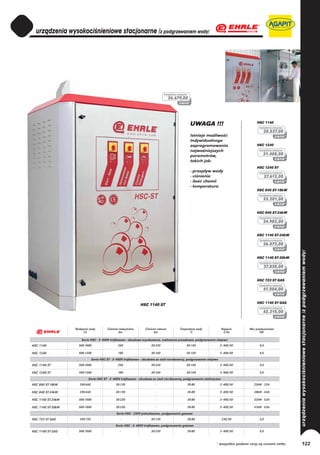 kompletna maszyna
                                                                                        26.679,00




                                                                                                                                           HSC 1140
                                                                                                        UWAGA !!!                            kompletna maszyna
                                                                                                                                                20.537,00
                                                                                                        Istnieje możliwość
                                                                                                        indywidualnego
                                                                                                        zaprogramowania                    HSC 1240
                                                                                                        najważniejszych                      kompletna maszyna

                                                                                                        parametrów,                             21.488,00
                                                                                                        takich jak:
                                                                                                                                           HSC 1240 ST
                                                                                                        - przepływ wody                      kompletna maszyna
                                                                                                        - ciśnienie                                27.613,00
                                                                                                        - ilość chemii
                                                                                                        - temperatura
                                                                                                                                           HSC 840 ST-18kW
                                                                                                                                             kompletna maszyna
                                                                                                                                                33.201,00


                                                                                                                                           HSC 840 ST-24kW
                                                                                                                                             kompletna maszyna
                                                                                                                                                34.983,00


                                                                                                                                           HSC 1140 ST-24kW
                                                                                                                                             kompletna maszyna
                                                                                                                                                36.073,00


                                                                                                                                           HSC 1140 ST-30kW
                                                                                                                                             kompletna maszyna
                                                                                                                                                37.838,00


                                                                                                                                           HSC 723 ST GAS
                                                                                                                                             kompletna maszyna
                                                                                                                                                41.004,00


                                                                                                                                           HSC 1140 ST GAS
                                                                 HSC 1140 ST
                                                                                                                                             kompletna maszyna
                                                                                                                                                42.215,00



                   Wydajność wody         Ciśnienie maksymalne      Ciśnienie robocze          Temperatura wody         Napięcie      Moc przyłączeniowa
                         l/h                        bar                    bar                        °C                 V/Hz                kW

                       Seria HSC - 3~400V trójfazowe - obudowa ocynkowana, malowana proszkowo, podgrzewanie olejowe
HSC 1140             500-1000                     250                   30-230                     30-150               3~400/50             9,0

HSC 1240             500-1200                     180                   30-160                     30-150               3~400/50             9,0

                                Seria HSC ST - 3~400V trójfazowe - obudowa ze stali nierdzewnej, podgrzewanie olejowe
HSC 1140 ST          500-1000                     250                   30-230                     30-150               3~400/50             9,0

HSC 1240 ST          500-1200                     180                   30-160                     30-150               3~400/50             9,0

                            Seria HSC ST - 3~400V trójfazowe - obudowa ze stali nierdzewnej, podgrzewanie elektryczne
HSC 840 ST-18kW       390-660                   30-130                      -                          30-80            3~400/50         23kW - 32A

HSC 840 ST-24kW       390-660                   30-130                      -                          30-80            3~400/50         28kW - 63A

HSC 1140 ST-24kW     500-1000                   30-230                      -                          30-80            3~400/50         32kW - 63A

HSC 1140 ST-30kW     500-1000                   30-230                      -                          30-80            3~400/50         41kW - 63A

                                                 Seria HSC - 230V jednofazowe, podgzewanie gazowe
HSC 723 ST GAS        330-720                      -                    30-120                         30-80             230/50              3,0

                                                Seria HSC - 3~400V trójfazowe, podgrzewanie gazowe
HSC 1140 ST GAS      500-1000                      -                    30-230                         30-80            3~400/50             9,0



                                                                                                                    * wszystkie podane ceny są cenami netto      122
 