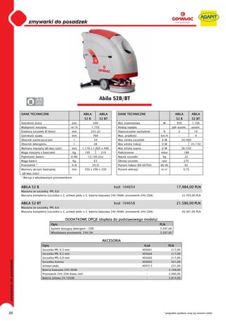 0
     0
     0
     0
     0
     0
     0
     0
     0
     0
     0
     0
     0
     0
     0
     0                                                                  Abila 52B/BT
                    24
     0

     DANE TECHNICZNE                                     ABILA           ABILA     DANE TECHNICZNE                               ABILA          ABILA
                                                         52 B            52 BT                                                   52 B           52 BT
     Szeroko   pracy                           mm                500               Moc znamionowa                   W            950            1.100
     Wydajno    maszyny                        m²/h              1.750             Rodzaj nap du                             pó -autom.         autom.
      rednica szczotek Ø (ilo      )           mm               255 (2)            Dopuszczalne nachylenie          %              2             10
     Szeroko   ssawy                           mm                760               Max. pr dko                    km/h             -              4
     Zbiornik zanieczyszcze                     l                 54               Moc silnika szczotek            V/W                 24/400
     Zbiornik detergentu                        l                 48               Moc silnika trakcji             V/W             -           24/150
     Wymiary maszyny (d /wys/szer)             mm     1.110 x 1.005 x 490          Moc silnika ssania              V/W                 36/550
     Waga maszyny z bateriami                  Kg         195             210      Podci nienie                   mbar                   188
     Pojemno    baterii                        V/Ah        12/105 (2x)             Nacisk szczotki                 kg                    22
     Waga baterii                              Kg                 63               Obroty szczotki                 rpm                   275
     Prostownik *                              V/A               24/9              Poziom ha asu (EN 60704)       db (A)                 62
     Wymiary skrzyni bateryjnej                mm        350 x 290 x 330           Poziom wibracji                m/s²                  0,75
     (d /wys/szer)
     * Wersja z wbudowanym prostownikiem


     ABILA 52 B                                                                  kod: 104654                                     17.984,00 PLN
     Maszyna ze szczotk         PPL 0,6
     Maszyna kompletna (szczotka x 2, uchwyt pedu x 2, bateria kwasowa 24V/90Ah, prostownik 24V/20A)                                   22.705,00 PLN


     ABILA 52 BT                                                                 kod: 104658                                     21.580,00 PLN
     Maszyna ze szczotk         PPL 0,6
     Maszyna kompletna (szczotka x 2, uchwyt pedu x 2, bateria kwasowa 24V/90Ah, prostownik 24V/20A)                                   26.301,00 PLN


                                           DODATKOWE OPCJE (dop ata do podstawowego modelu)
                                Opis                                                                              PLN
                                System dozuj cy detergent - CDS                                                   3.597,00
                                Wbudowany prostownik 24V/9A                                                       3.597,00


                                                                          AKCESORIA
                         Opis                                                                             Kod              PLN
                         Szczotka PPL 0,3 mm                                                             405601             217,00
                         Szczotka PPL 0,5 mm                                                             405604             217,00
                         Szczotka PPL 0,9 mm                                                             405602             217,00
                         Szczotka cierna                                                                 405603             421,00
                         Uchwyt pedu                                                                     405513             231,00
                         Bateria kwasowa 24V/90Ah                                                          -               2.169,00
                         Prostownik 24V/20A (kwas/ el)                                                     -               2.090,00
                         Bateria elowa 24/105Ah                                                            -               3.814,00




33                                                                                                                  * wszystkie podane ceny są cenami netto
 