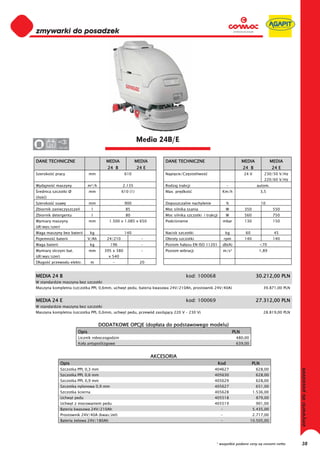 0
0
0
0
0
0
0
0
0
0
0
0
0
0
0
0                                                              Media 24B/E
0          24    220-230




DANE TECHNICZNE                            MEDIA             MEDIA         DANE TECHNICZNE                                    MEDIA              MEDIA
                                            24 B               24 E                                                           24 B               24 E
Szeroko         pracy             mm                   610                 Napi cie/Cz stotliwo                               24 V           230/50 V/Hz
                                                                                                                                             220/60 V/Hz
Wydajno         maszyny           m²/h               2.135                 Rodzaj trakcji                         -                    autom.
 rednica szczotki Ø               mm                 610 (1)               Max. pr dko                       Km/h                          3,5
(ilo   )
Szeroko         ssawy             mm                   900                 Dopuszczalne nachylenie                %                        10
Zbiornik zanieczyszcze              l                  85                  Moc silnika ssania                     W            350                550
Zbiornik detergentu                 l                  80                  Moc silnika szczotki i trakcji         W            560                750
Wymiary maszyny                   mm         1.500 x 1.085 x 650           Podci nienie                      mbar              130                150
(d /wys/szer)
Waga maszyny bez baterii           kg                  140                 Nacisk szczotki                       kg            60                 45
Pojemno         baterii           V/Ah      24/210              -          Obroty szczotki                       rpm           140                140
Waga baterii                       kg        196                -          Poziom ha asu EN ISO 11201        db(A)                      <70
Wymiary skrzyni bat.              mm       395 x 380            -          Poziom wibracji                       m/s²                   1,89
(d /wys/szer)                               x 540
D ugo       przewodu elektr.        m         -                 20


MEDIA 24 B                                                                            kod: 100068                                     30.212,00 PLN
W standardzie maszyna bez szczotki
Maszyna kompletna (szczotka PPL 0,6mm, uchwyt pedu, bateria kwasowa 24V/210Ah, prostownik 24V/40A)                                          39.871,00 PLN


MEDIA 24 E                                                                            kod: 100069                                     27.312,00 PLN
W standardzie maszyna bez szczotki
Maszyna kompletna (szczotka PPL 0,6mm, uchwyt pedu, przewód zasilaj cy 220 V – 230 V)                                                       28.819,00 PLN


                                         DODATKOWE OPCJE (dop ata do podstawowego modelu)
                           Opis                                                                                         PLN
                           Licznik roboczogodzin                                                                         480,00
                           Ko a antypo lizgowe                                                                           639,00


                                                                      AKCESORIA
                  Opis                                                                                      Kod                      PLN
                  Szczotka PPL 0,3 mm                                                                  404627                         628,00
                  Szczotka PPL 0,6 mm                                                                  405630                         628,00
                  Szczotka PPL 0,9 mm                                                                  405629                         628,00
                  Szczotka nylonowa 0,9 mm                                                             405627                         651,00
                  Szczotka cierna                                                                      405628                        1.536,00
                  Uchwyt pedu                                                                          405518                         879,00
                  Uchwyt z mocowaniem pedu                                                             405519                         901,00
                  Bateria kwasowa 24V/210Ah                                                                  -                       5.435,00
                  Prostownik 24V/40A (kwas/ el)                                                              -                       2.717,00
                  Bateria elowa 24V/180Ah                                                                    -                    10.505,00




                                                                                                        * wszystkie podane ceny są cenami netto             38
 