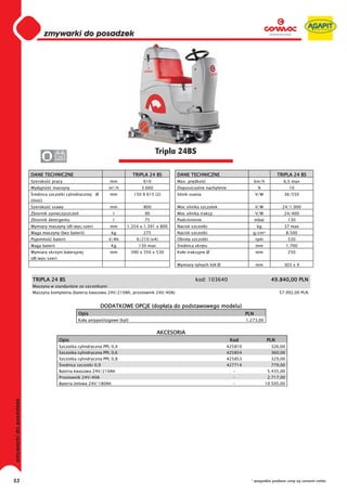 0
      0
      0
      0
      0
      0
      0
      0
      0
      0
      0
      0
      0
      0
      0
      0                                                               Tripla 24BS
      0              24


     DANE TECHNICZNE                                      TRIPLA 24 BS       DANE TECHNICZNE                                       TRIPLA 24 BS
     Szeroko    pracy                         mm               610           Max. pr dko                              km/h           6,5 max
     Wydajno    maszyny                      m²/h             3.660          Dopuszczalne nachylenie                   %                  10
      rednica szczotki cylindrycznej Ø        mm           150 X 615 (2)     Silnik ssania                            V/W            36/550
     (ilo   )
     Szeroko    ssawy                         mm               800           Moc silnika szczotek                     V/W            24/1.000
     Zbiornik zanieczyszcze                    l                90           Moc silnika trakcji                      V/W            24/400
     Zbiornik detergentu                       l                75           Podci nienie                             mbar               130
     Wymiary maszyny (d /wys/szer)            mm      1.354 x 1.391 x 800    Nacisk szczotki                           kg            37 max
     Waga maszyny (bez baterii)                kg              275           Nacisk szczotki                       g/cm²                 8.500
     Pojemno    baterii                      V/Ah           6/210 (x4)       Obroty szczotki                          rpm                530
     Waga baterii                             Kg             130 max          rednica skr tu                          mm                 1.700
     Wymiary skrzyni bateryjnej               mm          390 x 350 x 530    Ko o trakcyjne Ø                         mm                 250
     (d /wys/szer)
                                                                             Wymiary tylnych kó Ø                     mm             303 x 9


      TRIPLA 24 BS                                                                    kod: 103640                              49.840,00 PLN
      Maszyna w standardzie ze szczotkami
      Maszyna kompletna (bateria kwasowa 24V/210Ah, prostownik 24V/40A)                                                            57.992,00 PLN


                                          DODATKOWE OPCJE (dop ata do podstawowego modelu)
                              Opis                                                                              PLN
                              Ko a antypo lizgowe (kpl)                                                         1.273,00


                                                                       AKCESORIA
                     Opis                                                                               Kod                  PLN
                     Szczotka cylindryczna PPL 0,4                                                     425810                  326,00
                     Szczotka cylindryczna PPL 0,6                                                     425854                  360,00
                     Szczotka cylindryczna PPL 0,8                                                     425853                  329,00
                      rednica szczotki 0,9                                                             427714                  779,00
                     Bateria kwasowa 24V/210Ah                                                           -                    5.435,00
                     Prostownik 24V/40A                                                                  -                    2.717,00
                     Bateria elowa 24V/180Ah                                                             -                   10.505,00




53                                                                                                                * wszystkie podane ceny są cenami netto
 