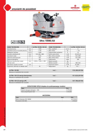 0
        0
        0
        0
        0
        0
        0
        0
        0
        0
        0
        0
        0
        0
        0
        0                                                        Ultra 100BS/GS
        0            36


     DANE TECHNICZNE                                ULTRA 100 BS/100 GS       DANE TECHNICZNE                              ULTRA 100 BS/100 GS
     Szeroko   pracy                          mm               1.000          Max. pr dko                       km/h                    8
     Szeroko   pracy ze szczotk boczn         mm               1.160          Moc silnika                       Kw                 - / 9,5
     Wydajno   maszyny                       m²/h              7.900          Dopuszczalne nachylenie            %                     10
     Szczotki cylindryczne Ø                  mm           150-280 x 980      Silnik ssania (ilo      )         V/W              36/670 (2)
     Szeroko   ssawy                          mm               1.265          Moc silnika szczotek              V/W               36/2.000
     Zbiornik zanieczyszcze                    l               285            Moc silnika trakcji               V/W               36/2.000
     Zbiornik detergentu                       l               280            Podci nienie                      mbar                   380
     Wymiary maszyny (bez ssawy)              mm     2.030 x 1.560 x 1.280    Nacisk szczotki                    kg                     -
     (d /wys/szer)                                                            Obroty szczotki                   rpm               900-450
     Wysuwanie zespo u szczotek               mm                 -            Pojemno       baterii             V/Ah             36/480 / -
     Pojemno    zbiornika na odpady sta e      l                40            Waga baterii                       kg               510 / -


        ULTRA 100 BS                                                                  kod: -                                159.280,00 PLN
        Maszyna w standardzie bez szczotek


        ULTRA 100 GS wersja benzynowa                                                 kod: -                                191.620,00 PLN
        Maszyna w standardzie bez szczotek


        ULTRA 100 GS wersja LPG                                                       kod: -                                197.780,00 PLN
        Maszyna w standardzie bez szczotek


                                            DODATKOWE OPCJE (dop ata do podstawowego modelu)
                               Opis                                                                             PLN
                               System dozuj cy detergent - CDS                                                  5.775,00
                               Ko a antypo lizgowe (kpl)                                                        3.520,00


                                                                       AKCESORIA
                     Opis                                                                                 Kod           PLN
                     Bateria kwasowa 36V/480Ah                                                             -               20.570,00
                     Prostownik 36V/60A                                                                    -                5.390,00




61                                                                                                               * wszystkie podane ceny są cenami netto
 