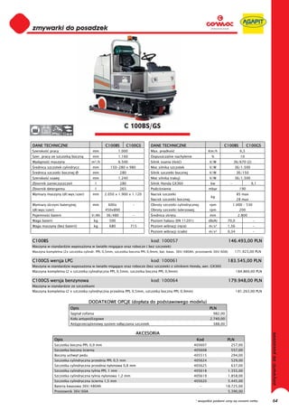 0
0
0
0
0
0
0
0
0
0
0
0
0
0
0                                                          C 100BS/GS
0     36


DANE TECHNICZNE                                C100BS       C100GS        DANE TECHNICZNE                               C100BS             C100GS
Szeroko    pracy                       mm               1.000             Max. pr dko                         Km/h                   6,5
Szer. pracy ze szczotk boczn           mm               1.160             Dopuszczalne nachylenie                %                   10
Wydajno    maszyny                     m²/h             6.500             Silnik ssania (ilo    )              V/W               36/670 (2)
 rednica szczotek cylindrycz.          mm         150-280 x 980           Moc silnika szczotek                 V/W                36/1.500
 rednica szczotki bocznej Ø            mm               280               Silnik szczotki bocznej              V/W                 36/150
Szeroko    ssawy                       mm               1.240             Moc silnika trakcji                  V/W                36/1.500
Zbiornik zanieczyszcze                   l              280               Silnik Honda GX360                    kw           -               9,1
Zbiornik detergentu                      l              265               Podci nienie                         mbar                 190
Wymiary maszyny (d /wys/szer)          mm      2.050 x 1.900 x 1.120      Nacisk szczotki                                          85 max
                                                                                                                kg
                                                                          Nacisk szczotki bocznej                                  28 max
Wymiary skrzyni bateryjnej             mm        600x            -        Obroty szczotki cylindrycznej        rpm               1.000 – 530
(d /wys/szer)                                  450x890                    Obroty szczotki talerzowej           rpm                  200
Pojemno    baterii                     V/Ah    36/480            -         rednica skr tu                      mm                  2.800
Waga baterii                            kg       500             -        Poziom ha asu (EN 11201)             db(A)       70,0                -
Waga maszyny (bez baterii)              kg       680            715       Poziom wibracji (r ce)               m/s²        1,56                -
                                                                          Poziom wibracji (cia o)              m/s²        0,34                -

C100BS                                                                    kod: 100057                                       146.493,00 PLN
Maszyna w standardzie wyposa ona w wiat o migaj ce oraz robocze ( bez szczotek)
Maszyna kompletna (2x szczotka cylindr. PPL 0,5mm, szczotka boczna PPL 0,9mm, bat. kwas. 36V/480Ah, prostownik 36V/60A)           171.923,00 PLN

C100GS wersja LPG                                                         kod: 100061                                       183.545,00 PLN
Maszyna w standardzie wyposa ona w wiat o migaj ce oraz robocze (bez szczotek) z silnikiem Honda, wer. GX360
Maszyna kompletna (2 x szczotka cylindryczna PPL 0,5mm, szczotka boczna PPL 0,9mm)                                                184.860,00 PLN

C100GS wersja benzynowa                                                   kod: 100064                                       179.948,00 PLN
Maszyna w standardzie ze szczotkami
Maszyna kompletna (2 x szczotka cylindryczna przednia PPL 0,5mm, szczotka boczna PPL 0,9mm)                                       181.263,00 PLN


                                      DODATKOWE OPCJE (dop ata do podstawowego modelu)
                         Opis                                                                                  PLN
                         Sygna cofania                                                                            982,00
                         Ko a antypo lizgowe                                                                    2.740,00
                         Antyprzeci    eniowy system od czania szczotek                                           388,00

                                                                     AKCESORIA
                Opis                                                                                   Kod                 PLN
                Szczotka boczna PPL 0,9 mm                                                           405607                  257,00
                Szczotka boczna cierna                                                               405608                  557,00
                Boczny uchwyt pedu                                                                   405515                  294,00
                Szczotka cylindryczna przednia PPL 0,5 mm                                            405624                  529,00
                Szczotka cylindryczna przednia nylonowa 0,8 mm                                       405625                  637,00
                Szczotka cylindryczna tylnia PPL 1 mm                                                405618                 1.355,00
                Szczotka cylindryczna tylnia nylonowa 1,2 mm                                         405619                 1.858,00
                Szczotka cylindryczna cierna 1,5 mm                                                  405620                 5.445,00
                Bateria kwasowa 36V/480Ah                                                                 -                18.725,00
                Prostownik 36V/60A                                                                                          5.390,00

                                                                                                       * wszystkie podane ceny są cenami netto      64
 