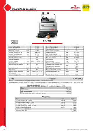 0
     0
     0
     0
     0
     0
     0
     0
     0
     0
     0
     0
     0
     0
     0
     0                                                                    C 130BS
     0              36


     DANE TECHNICZNE                                     C130BS              DANE TECHNICZNE                                         C130BS
     Szeroko    pracy                       mm            1.300              Max. pr dko                            km/h                6
     Wydajno    maszyny                 m²/h              7.800              Dopuszczalne nachylenie                 %                  10
     Szczotka cylindryczna Ø                mm         330 x 1.100           Silnik ssania (ilo    )                V/W              36/1.200
     Szczotka talerzowa (ilo    )           mm            345 (4)            Moc silnika szczotek                   V/W              36/1.125
     Szeroko    ssawy                       mm            1.460              Silnik szczotki cylindrycznej          V/W               36/750
     Zbiornik zanieczyszcze                 l              380               Moc silnika trakcji                    V/W              36/2.000
     Zbiornik detergentu                    l              360               Podci nienie                           mbar               221
     Wymiary maszyny                        mm    2.250 x 1.880 x1.340       Nacisk szczotki                         Kg              130-180
     (d /wys/szer)                                                           Nacisk szczotki na 1 cm   2            g/cm²               66
     Waga maszyny (bez baterii)             kg             840               Obroty szczotki cylindrycznej                             580
                                                                                                                    rpm
                                                                             Obroty szczotki talerzowej                                220
     Pojemno    baterii                 V/Ah              36/720                rednica skr tu                      mm                3.250
     Waga baterii                           kg             810               Wysuwanie zespo u szczotek             mm                 100
     Wymiary skrzyni bateryjnej             mm       1.066 x 455 x 625       Poziom ha asu (EN 11201)               db(A)              70,8
     (d /wys/szer)
     Poziom wibracji (cia o)            m/s²               0,65              Poziom wibracji (r ce)                 m/s²               0,95


     C130BS                                                                     kod: 100084                                     186.799,00 PLN
     Maszyna w standardzie wyposa ona w wiat o migaj ce oraz robocze (bez szczotek)
     Maszyna kompletna (szczotka cylindr. PPL 0,7mm, 4 x szczotka talerzowa PPL 1,4 mm, bateria kwas. 36/720, prostownik 36/100)     223.942,00 PLN


                                            DODATKOWE OPCJE (dop ata do podstawowego modelu)
                               Opis                                                                                 PLN
                               Sygna cofania                                                                          982,00
                               Ko a antypo lizgowe                                                                  3.402,00
                               Antyprzeci    eniowy system od czania szczotek                                         388,00


                                                                         AKCESORIA
                     Opis                                                                                    Kod               PLN
                     Szczotka przednia PPL 1,4 mm                                                          404638                  292,00
                     Szczotka przednia cierna 1,5 mm                                                       404639                  651,00
                     Szczotka cylindryczna PPL 0,7 mm                                                      404640                  959,00
                     Szczotka cylindryczna cierna 0,6 mm                                                   404642               5.649,00
                     Uchwyt z mocowaniem pedu                                                              405521                  338,00
                     Bateria kwasowa 36V/720Ah                                                                -                25.680,00
                     Prostownik 36V/100A                                                                      -                 9.339,00




65                                                                                                                    * wszystkie podane ceny są cenami netto
 