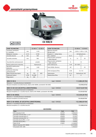 0
0
0
0
0
0
0
0
0
0
0
0
0
0
0
                                                                       CS 90B/D
                36
0
DANE TECHNICZNE                                 CS 90 B         CS 90 D    DANE TECHNICZNE                                         CS 90 B          CS 90 D
Szeroko     zamiatania                                                     Wymiary maszyny
                                       mm              1.220                                                           mm          2.020 x 1.430 x 1.230
z 1 szczotk                                                                (d /wys/szer)
Wydajno     maszyny                    m²/h            9.760               Napi cie V / rodzaj trakcji                               36/hydrauliczna
Szczotka boczna               Ø        mm                 500              Max. pr dko                                Km/h                    0–8
                                                                           Dopuszczalne nachylenie
Szczotka centralna                     mm                 900                                                           %            14               20
                                                                           - pusty zbiornik
                                                                           Dopuszczalne nachylenie
Typ zbiornika zanieczyszcze                            przedni                                                          %                      10
                                                                           - pe en zbiornik
Rodzaj podnoszenia zbiornika                       hydrauliczny            Silnik elektryczny                          V/W         36/4.000            -
Wysoko      podnoszenia
                                       mm              1.400               Silnik DIESEL (Perkins)                      HP              -             20
zbiornika
Pojemno     zbiornika
                                        l                 220              Silnik otrz sacza filtra                    V/W                   12/110
zanieczyszcze
Waga maszyny bez baterii                kg       770             850       Podci nienie                               m³/h           hydrauliczny 160
Pojemno     baterii                    V/Ah     36/480             -       Powierzchnia filtra                          m²                     8
Waga baterii                            kg       500               -


NEW CS 90 B                                                                        kod: 104444                                       112.884,00 PLN
Maszyna z 1 szczotk boczn w standardzie
Maszyna kompletna (szczotka boczna, bateria 36V/480Ah, prostownik 36V/60A)                                                                  136.999,00 PLN

NEW CS 90 B ZE SZCZOTK                 LEWOSTRONN                                  kod: 104503                                      128.919,00 PLN
Maszyna z 2 szczotkami bocznymi w standardzie
Maszyna kompletna (2 x szczotka boczna, bateria 36V/480Ah, prostownik 36V/60A)                                                              153.034,00 PLN

NEW CS 90 DIESEL                                                                   kod: 104443                                       142.839,00 PLN
Maszyna z 1 szczotk boczn w standardzie
Maszyna kompletna (szczotka boczna)                                                                                                         142.839,00 PLN

NEW CS 90 DIESEL ZE SZCZOTK                   LEWOSTRONN                           kod: 104502                                      152.088,00 PLN
Maszyna z 2 szczotkami bocznymi w standardzie
Maszyna kompletna (2 x szczotka boczna)                                                                                                     152.088,00 PLN


                                                                       AKCESORIA
               Opis                                                                                    Kod                   PLN
               Filtr tekstylny CS 90                                                                  429187                 2.878,00
               Szczotka centralna PPL 1,1-0,7                                                         429202                  575,00
               Szczotka centralna PPL 0,7                                                             429203                  575,00
               Szczotka centralna PPL 1,4                                                             429204                  575,00
               Szczotka boczna PPL 1,1-0,7                                                            429205                  164,00
               Szczotka boczna PPL 1                                                                  429206                  144,00
               Dach CS 90                                                                             218201                 4.100,00
               Bateria kwasowa 36V/480Ah                                                                 -                  18.725,00
               Prostownik 36V/ 60A                                                                       -                   5.390,00




                                                                                                               * wszystkie podane ceny są cenami netto        72
 