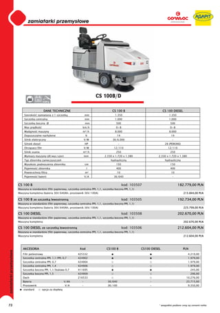 CS 100B/D
                    36


                            DANE TECHNICZNE                                    CS 100 B                            CS 100 DIESEL
         Szeroko     zamiatania z 1 szczotk                mm                    1.350                                 1.350
         Szczotka centralna                                mm                    1.000                                 1.000
         Szczotka boczna Ø                                 mm                     500                                   500
         Max pr dko                                     km/h                      0÷8                                   0÷8
         Wydajno     maszyny                            m²/h                     8.000                                 8.000
         Dopuszczalne nachylenie                           %                       14                                   14
         Silnik elektryczny                                V/W                  36/6.000                                 -
         Silniek diesel                                    HP                        -                              28 (PERKINS)
         Otrz sacz filtr                                   V/W                   12/110                               12/110
         Silnik ssania                                  m³/h                      250                                   250
         Wymiary maszyny (d /wys/szer)                     mm            2.330 x 1.720 x 1.380                2.330 x 1.720 x 1.380
         Typ zbiornika zanieczyszcze                                          hydrauliczny                          hydrauliczny
         Wysoko c podnoszenia zbiornika                    cm                     150                                   150
         Pojemno     zbiornika                              l                     400                                   400
         Powierzchnia filtra                               m²                      10                                   10
         Pojemno     baterii                               V/A                   36/640                                  -


     CS 100 B                                                                            kod: 103507                           182.779,00 PLN
     Maszyna w standardzie (filtr papierowy, szczotka centralna PPL 1,1, szczotka boczna PPL 1,1)
     Maszyna kompletna (bateria 36V/640Ah, prostownik 36V/100A)                                                                    215.844,00 PLN

     CS 100 B ze szczotk lewostronn                                                      kod: 103505                           192.734,00 PLN
     Maszyna w standardzie (filtr papierowy, szczotka centralna PPL 1,1, szczotka boczna PPL 1,1)
     Maszyna kompletna (bateria 36V/640Ah, prostownik 36V/100A)                                                                    225.799,00 PLN

     CS 100 DIESEL                                                                       kod: 103508                           202.670,00 PLN
     Maszyna w standardzie (filtr papierowy, szczotka centralna PPL 1,1, szczotka boczna PPL 1,1)
     Maszyna kompletna                                                                                                             202.670,00 PLN

     CS 100 DIESEL ze szczotk lewostronn                                                 kod: 103506                           212.604,00 PLN
     Maszyna w standardzie (filtr papierowy, szczotka centralna PPL 1,1, szczotka boczna PPL 1,1)
     Maszyna kompletna                                                                                                             212.604,00 PLN




        AKCESORIA                                     Kod                  CS100 B                  CS100 DIESEL                   PLN
        Filtr poliestrowy                           425332                                                                            4.210,00
        Szczotka centralna PPL 1,1/PPL 0,7          424902                                                                            1.979,00
        Szczotka centralna PPL 0,7                  424904                                                                            1.979,00
        Szczotka centralna PPL 1,4                  424906                                                                            1.979,00
        Szczotka boczna PPL 1,1/Stalowa 0,7         411695                                                                               245,00
        Szczotka boczna PPL 1,5                     424909                                                                               206,00
        Dach                                        216533                                                                           10.276,00
        Bateria                              V/Ah      -                    36/640                       -                           23.715,00
        Prostownik                           V/A       -                    36/100                       -                            9.350,00
         standard          opcja za dop at




73                                                                                                             * wszystkie podane ceny są cenami netto
 
