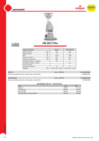 0
     0
     0
     0
            szorowarki
     0
     0
     0
     0
     0
     0
     0
     0
     0
     0
     0
     0
                                                                  CM 50F/F Plus
     0           220-230




                                  Dane techniczne                                 CM 50             CM 50 PLUS
                                  Obroty szczotki                      rpm         160                    160
                                  Waga maszyny                         Kg           45                     50
                                  Moc                                  W          1.100                   1.100
                                      rednica szczotki                 mm          500                    500
                                      rednica uchwtu pedu              mm          500                    500
                                  Przek adnia z bata – nylonowa                     tak                     -
                                  Przek adnia z bata – stalowa                      -                      tak
                                  Pas transmisyjny                                  -                       -
                                  Pojemno       zbiornika               l           10                     10
                                  Wymiary                              mm    540 x 430 x 1.200    540 x 430 x 1.200


     CM 50                                                                        kod: 100194                                    5.419,00 PLN
     Maszyna kompletna (zbiornik, uchwyt pedu, szczotka PPL)                                                                         6.834,00 PLN


     CM 50 PLUS                                                                   kod: 100195                                      6.458,00 PLN
     Maszyna kompletna (zbiornik, uchwyt pedu, szczotka PPL)                                                                         7.873,00 PLN


                                                            AKCESORIA CM 50 F / CM 50 PLUS
                           Opis                                                                   Kod                  PLN
                           Zbiornik                                                              200187                   405,00
                           Uchwyt pedu                                                           405542                   641,00
                           Szczotka PPL                                                          405654                   369,00
                           Rzep do pedów z we ny stalowej                                        405535                   629,00




77                                                                                                                * wszystkie podane ceny są cenami netto
 