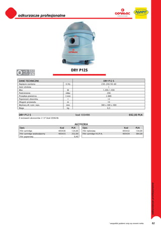 odkurzacze profesjonalne
0
0
0
0
0
0
0
0
0
0
0
0
0
0
0
0                                                           DRY P12S
0     220-230




DANE TECHNICZNE                                                                                   DRY P12 S
Napi cie zasilania                                  V/Hz                                     230-240/50-60
Ilo   silników                                                                                        1
Moc                                                  W                                            1.200/1.400
Podci nienie                                        mBar                                             290
Przep yw powietrza                                  l/min                                           2.880
Pojemno         zbiornika                             l                                               12
D ugo      przewodu                                  m                                                10
Wymiary d ./szer./wys.                              mm                                       380 x 380 x 480
Waga                                                 kg                                               6,5


DRY P12 S                                                         kod 103490                                                  692,00 PLN
Z zestawem akcesoriów       37 (kod 204628)


                                                              AKCESORIA
 Opis                                         Kod           PLN        Opis                                             Kod          PLN
 Filtr cartridge                          405436            124,00     Filtr nylonowy                                 405432         134,00
 Filtr cartridge wodoodporny              405433            252,00     Filtr cartridge H.E.P.A.                       405434         384,00
 Filtr papierowy                               -              9,40




                                                                                                                                                 odkurzacze profesjonalne




                                                                                                       * wszystkie podane ceny są cenami netto        82
 