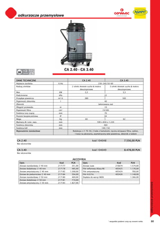 0
 odkurzacze przemysłowe
0
0
0
0
0
0
0
0
0
0
0
0
0
0
0                                             CA 2.40 - CA 3.40
0       220-230




DANE TECHNICZNE                                               CA 2.40                                         CA 3.40
Napi cie zasilania                     V/Hz                                       230-240/50-60
Rodzaj silników                                   2 silniki Ametek sucho & mokro                  3 silniki Ametek sucho & mokro
                                                            dwustopniowe                                   dwustopniowe
Moc                                    KW                         2,2                                             3,3
Podci nienie                           kPa                                                  22
Przep yw powietrza                     m³/h                       389                                            583
Pojemno      zbiornika                  l                                                   40
Zbiornik                                                                          lakierowana stal
D ugo      przewodu                     m                                                   10
Pojemno      filtra                    cm²                                            19.500
 rednica rury ss cej                   mm                                                   70
Poziom bezpiecze stwa                   IP                                                  X4
Waga                                    Kg                        60                                              62
Wymiary d ./szer./wys.                 mm                                        590 x 830 x 1.220
 rednica zbiornika                     mm                                                460
 rednica kó                            mm                                             100/150
Wyposa enie standardowe                            Redukcja z      70-50, 2 ko a z hamulcem, r czny otrz sacz filtra, cyklon,
                                                     1 kosz na akcesoria, asymetryczny wlot powietrza, zbiornik z ko ami


CA 2.40                                                                    kod 104048                              7.556,00 PLN
Bez akcesoriów


CA 3.40                                                                    kod 104049                              8.478,00 PLN
Bez akcesoriów


                                                   AKCESORIA
    Opis                                Kod       PLN           Opis                                      Kod             PLN
    Zestaw standardowy       40 mm     217177     351,00        Zestaw ssaw                              216674           1.574,00
    Zestaw dodatkowy       40 mm       217178     485,00        Filtr teflonowy (Klasy M)                405425           1.176,00
    Zestaw antystatyczny     40 mm     217182    1.268,00       Filtr antystatyczny                      405424            760,00
    Zestaw do piekarnictwa     40 mm   217184     594,00        Filtr H.E.P.A.                           405426           1.148,00
    Zestaw standardowy       50 mm     217180     469,00        Dop ata do wersji INOX                                    1.366,00
    Zestaw dodatkowy       50 mm       217181     719,00
                                                                                                                                           odkurzacze przemysłowe




    Zestaw antystatyczny     50 mm     217183    1.827,00




                                                                                                 * wszystkie podane ceny są cenami netto        88
 