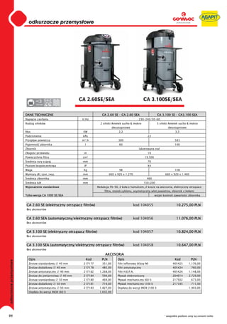0
                           odkurzacze przemysłowe
                         0
                         0
                         0
                         0
                         0
                         0
                         0
                         0
                         0
                         0
                         0
                         0
                         0
                         0
                         0                                     CA 2.60SE/SEA                                    CA 3.100SE/SEA
                         0          220-230




                         DANE TECHNICZNE                                      CA 2.60 SE – CA 2.60 SEA                      CA 3.100 SE – CA3.100 SEA
                         Napi cie zasilania                     V/Hz                                       230-240/50-60
                         Rodzaj silników                                     2 silniki Ametek sucho & mokro                3 silniki Ametek sucho & mokro
                                                                                       dwustopniowe                                 dwustopniowe
                         Moc                                    KW                         2,2                                            3,3
                         Podci nienie                           kPa                                               22
                         Przep yw powietrza                     m³/h                       389                                            583
                         Pojemno        zbiornika                l                         60                                             100
                         Zbiornik                                                                          lakierowana stal
                         D ugo      przewodu                     m                                                10
                         Powierzchnia filtra                    cm²                                              19.500
                          rednica rury ss cej                   mm                                                70
                         Poziom bezpiecze stwa                   IP                                               X4
                         Waga                                   Kg                         98                                             108
                         Wymiary d ./szer./wys.                 mm                  660 x 920 x 1.270                             660 x 920 x 1.460
                          rednica zbiornika                     mm                                                460
                          rednica kó                            mm                                              150/200
                         Wyposa enie standardowe                           Redukcja 70-50, 2 ko a z hamulcem, 2 kosze na akcesoria, elektryczny otrz sacz
                                                                                filtra, sto ek cyklonu, asymetryczny wlot powietrza, zbiornik z ko ami
                         Tylko wersja CA 1000 SE/SEA                                        -                             wizjer kontroli zawarto ci zbiornika


                         CA 2.60 SE (elektryczny otrz sacz filtrów)                                     kod 104055                         10.275,00 PLN
                         Bez akcesoriów


                         CA 2.60 SEA (automatyczny/elektryczny otrz sacz filtrów)                       kod 104056                         11.076,00 PLN
                         Bez akcesoriów


                         CA 3.100 SE (elektryczny otrz sacz filtrów)                                    kod 104057                         10.824,00 PLN
                         Bez akcesoriów


                         CA 3.100 SEA (automatyczny/elektryczny otrz sacz filtrów)                      kod 104058                         10.647,00 PLN
                         Bez akcesoriów
                                                                                 AKCESORIA
                           Opis                                      Kod      PLN         Opis                                            Kod         PLN
odkurzacze przemysłowe




                           Zestaw standardowy        40 mm      217177        351,00      Filtr teflonowy (Klasy M)                     405425       1.176,00
                           Zestaw dodatkowy         40 mm       217178        485,00      Filtr antystatyczny                           405424        760,00
                           Zestaw antystatyczny      40 mm      217182      1.268,00      Filtr H.E.P.A.                                405426       1.148,00
                           Zestaw do piekarnictwa      40 mm    217184        594,00      P ywak elektroniczny                          204614       2.729,00
                           Zestaw standardowy        50 mm      217180        469,00      P ywak mechaniczny (60 l)                     217502        673,00
                           Zestaw dodatkowy         50 mm       217181        719,00      P ywak mechaniczny (100 l)                    217185        711,00
                           Zestaw antystatyczny      50 mm      217183      1.827,00      Dop ata do wersji INOX (100 l)                             1.903,00
                           Dop ata do wersji INOX (60 l)                    1.632,00




91                                                                                                                               * wszystkie podane ceny są cenami netto
 