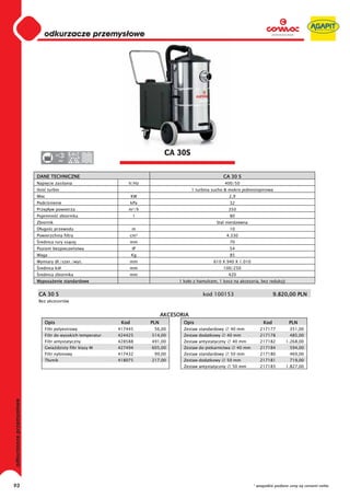 0
                               odkurzacze przemysłowe
                          0
                          0
                          0
                          0
                          0
                          0
                          0
                          0
                          0
                          0
                          0
                          0
                          0
                          0
                          0                                                       CA 30S
                          0           380




                         DANE TECHNICZNE                                                                    CA 30 S
                         Napi cie zasilania                       V/Hz                                        400/50
                         Ilo    turbin                                                       1 turbina sucho & mokro jednostopniowa
                         Moc                                         KW                                          2,9
                         Podci nienie                                kPa                                         32
                         Przep yw powietrza                       m³/h                                          350
                         Pojemno         zbiornika                    l                                          80
                         Zbiornik                                                                        Stal nierdzewna
                         D ugo c przewodu                            m                                           10
                         Powierzchnia filtra                      cm²                                           4.330
                          rednica rury ss cej                     mm                                             70
                         Poziom bezpiecze stwa                       IP                                          54
                         Waga                                        Kg                                          85
                         Wymiary d ./szer./wys.                   mm                                   610 X 940 X 1.010
                          rednica kó                              mm                                        100/250
                          rednica zbiornika                       mm                                            420
                         Wyposa enie standardowe                                       1 ko o z hamulcem, 1 kosz na akcesoria, bez redukcji


                          CA 30 S                                                                 kod 100153                              9.820,00 PLN
                          Bez akcesoriów


                                                                                 AKCESORIA
                               Opis                            Kod         PLN           Opis                                       Kod          PLN
                               Filtr polyestrowy              417445        56,00        Zestaw standardowy       40 mm           217177         351,00
                               Filtr do wysokich temperatur   424425       514,00        Zestaw dodatkowy       40 mm             217178         485,00
                               Filtr antystatyczny            428588       491,00        Zestaw antystatyczny     40 mm           217182       1.268,00
                               Gwia dzisty filtr klasy M      427494       605,00        Zestaw do piekarnictwa        40 mm      217184         594,00
                               Filtr nylonowy                 417432        99,00        Zestaw standardowy       50 mm           217180         469,00
                               T umik                         418075       217,00        Zestaw dodatkowy       50 mm             217181         719,00
                                                                                         Zestaw antystatyczny     50 mm           217183       1.827,00
odkurzacze przemysłowe




93                                                                                                                             * wszystkie podane ceny są cenami netto
 