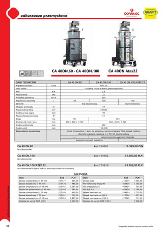 0    odkurzacze przemysłowe
                           0
                           0
                           0
                           0
                           0
                           0
                           0
                           0
                           0
                           0
                           0
                           0
                           0
                           0
                           0                                      CA 40ON.60 - CA 40ON.100                                          CA 40ON Atex22
                           0             380




                         DANE TECHNICZNE                                           CA 40 ON.60                        CA 40 ON.100                CA 40 ON.100/ATEX 22
                         Napi cie zasilania                       V/Hz                                                     400/50
                         Ilo    turbin                                                                 1 turbina sucho & mokro jednostopniowa
                         Moc                                      KW                                                        2,9
                         Podci nienie                             kPa                                                        32
                         Przep yw powietrza                       m³/h                                                      350
                         Pojemno         zbiornika                 l                     60                                 100                              100
                         Zbiornik                                                                   Stal lakierowana                                  Stal nierdzewna
                         D ugo        przewodu                     m                                                         10
                         Powierzchnia filtra                      cm²                                                      19.500
                          rednica rury ss cej                     mm                                                         70
                         Poziom bezpiecze stwa                     IP                                                        54
                         Waga                                     Kg                     96                                                 103
                         Wymiary d ./szer./wys.                   mm              660 x 920 x 1.530                                 660 x 920 x 1.720
                          rednica zbiornika                       mm                                                        460
                          rednica kó                              mm                                                    150/200
                         Wyposa enie standardowe                                  2 ko a z hamulcem, 1 kosz na akcesoria, r czny otrz sacz filtra, sto ek cyklonu,
                                                                                                zbiornik na ko ach, redukcja z      70-50, t umik turbiny
                                                                                        ---                                 wizjer kontroli zawarto ci zbiornika
                                                                                              asymetryczny wlot powietrza                                    ---


                           CA 40 ON.60                                                                            kod 104161                          11.989,00 PLN
                           Bez akcesoriów


                           CA 40 ON.100                                                                           kod 104162                          12.560,00 PLN
                           Bez akcesoriów


                           CA 40 ON.100/ATEX 22                                                                   kod 103610                          18.269,00 PLN
                           Bez akcesoriów (u ywa tylko z antystatycznymi akcesoriami)


                                                                                         AKCESORIA
                               Opis                                       Kod          PLN           Opis                                            Kod           PLN
                               Zestaw standardowy       40 mm            217177        351,00        Zestaw ssaw                                    216674     1.564,00
                               Zestaw dodatkowy       40 mm              217178        485,00        Filtr teflonowy (Klasy M)                      405425     1.165,00
odkurzacze przemysłowe




                               Zestaw antystatyczny     40 mm            217182      1.261,00        Filtr antystatyczny                            405424         754,00
                               Zestaw do piekarnictwa     40 mm          217184        584,00        Filtr H.E.P.A.                                 405426     1.148,00
                               Zestaw standardowy       50 mm            217180        469,00        P ywak elektroniczy                            204614     2.729,00
                               Zestaw dodatkowy       50 mm              217181        719,00        P ywak mechaniczny (60 l)                      217502         673,00
                               Zestaw antystatyczny     50 mm            217183      1.827,00        P ywak mechaniczny (100 l)                     217185         711,00
                               Dop ata do wersji INOX (60 l)                         1.632,00        Dop ata do wersji INOX (100 l)                            1.906,00




95                                                                                                                                            * wszystkie podane ceny są cenami netto
 