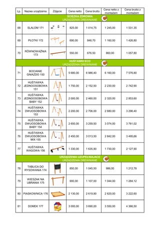Cena netto z   Cena brutto z
Lp.   Nazwa urządzenia   Zdjęcie      Cena netto   Cena brutto
                                                                  montażem       montażem
                                     ŚCIEZKA ZDROWIA
                                   URZĄDZENIA DREWNIANE

68      SLALOM 171                     825,00      1 014,75      1 245,00        1 531,35



69      PŁOTKI 172                     690,00       848,70       1 160,00        1 426,80



      RÓWNOWAŻNIA
70                                     550,00       676,50        860,00         1 057,80
          173

                                       HUŚTAWKI ECO
                                   URZĄDZENIA DREWNIANE

         BOCIANIE
71                                    5 680,00     6 986,40      6 160,00        7 576,80
        GNIAZDO 150

        HUŚTAWKA
72    JEDNOOSOBOWA                    1 750,00     2 152,50      2 230,00        2 742,90
           151

        HUŚTAWKA
73    JEDNOOSOBOWA                    2 000,00     2 460,00      2 320,00        2 853,60
         BABY 152

        HUŚTAWKA
74     DWUOSOBOWA                     2 200,00     2 706,00      2 680,00        3 296,40
           153

        HUŚTAWKA
75     DWUOSOBOWA                     2 650,00     3 259,50      3 074,00        3 781,02
         BABY 154

        HUŚTAWKA
76     DWUOSOBOWA                     2 450,00     3 013,50      2 842,00        3 495,66
         MIX 155

        HUŚTAWKA
77                                    1 330,00     1 635,90      1 730,00        2 127,90
       WAGOWA 156

                              URZĄDZENIA UZUPEŁNIAJACE
                                URZĄDZENIA DREWNIANE

        TABLICA DO
78                                     850,00      1 045,50       986,00         1 212,78
      RYSOWANIA 174


        WIESZAK NA
79                                     900,00      1 107,00      1 044,00        1 284,12
        UBRANIA 175



80    PIASKOWNICA 176                 2 130,00     2 619,90      2 620,00        3 222,60



81      DOMEK 177                     3 000,00     3 690,00      3 550,00        4 366,50
 