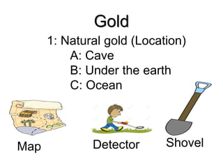 Gold
1: Natural gold (Location)
A: Cave
B: Under the earth
C: Ocean
Map Detector Shovel
 