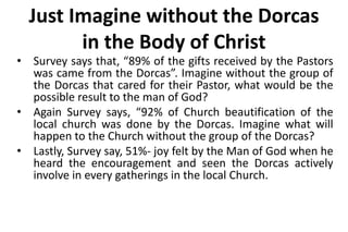 Just Imagine without the Dorcas
in the Body of Christ
• Survey says that, “89% of the gifts received by the Pastors
was came from the Dorcas”. Imagine without the group of
the Dorcas that cared for their Pastor, what would be the
possible result to the man of God?
• Again Survey says, “92% of Church beautification of the
local church was done by the Dorcas. Imagine what will
happen to the Church without the group of the Dorcas?
• Lastly, Survey say, 51%- joy felt by the Man of God when he
heard the encouragement and seen the Dorcas actively
involve in every gatherings in the local Church.
 