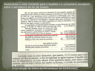 Destacamos o valor remetido para o Sudeste e o comentário sarcástico
sobre o sorvedouro do Rio de Janeiro.




      (Reprodução do Diário de Pernambuco de 03/03/1846)
 