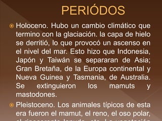  Holoceno. Hubo un cambio climático que
termino con la glaciación. la capa de hielo
se derritió, lo que provocó un ascenso en
el nivel del mar. Esto hizo que Indonesia,
Japón y Taiwán se separaran de Asia;
Gran Bretaña, de la Europa continental y
Nueva Guinea y Tasmania, de Australia.
Se extinguieron los mamuts y
mastodones.
 Pleistoceno. Los animales típicos de esta
era fueron el mamut, el reno, el oso polar,
 