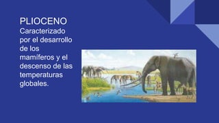 PLIOCENO
Caracterizado
por el desarrollo
de los
mamíferos y el
descenso de las
temperaturas
globales.
 
