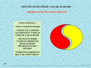 - POUCO PRÁTICA  - MUITA SUBJETIVIDADE - EXISTE UM CAMINHO “AUTOMÁTICO” PARA SE CHEGAR À QUALIDADE - DIZ POUCO SOBRE “COMO OS PRODUTOS DE QUALIDADE DIFEREM UNS DOS OUTROS “ GERENTES SABERÃO O QUE É QUANDO VIREM” GESTÃO ESTRATÉGICA DA QUALIDADE ABORDAGEM TRANSCENDENTE 20 JPAF 