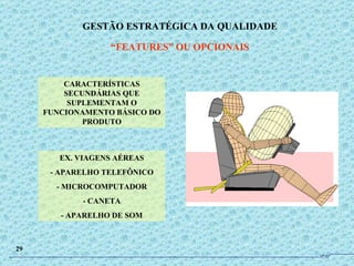 CARACTERÍSTICAS SECUNDÁRIAS QUE SUPLEMENTAM O FUNCIONAMENTO BÁSICO DO PRODUTO EX. VIAGENS AÉREAS - APARELHO TELEFÔNICO - MICROCOMPUTADOR - CANETA - APARELHO DE SOM GESTÃO ESTRATÉGICA DA QUALIDADE “ FEATURES” OU OPCIONAIS 29 JPAF 