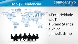 Top 5 - Tendências
1.Exclusividade
2.IoT
3.Brand Stands
4.Valor
5.Imediatismo
 