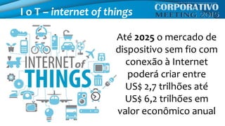 Até 2025 o mercado de
dispositivo sem fio com
conexão à Internet
poderá criar entre
US$ 2,7 trilhões até
US$ 6,2 trilhões em
valor econômico anual
I o T – internet of things
 