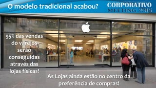 O modelo tradicional acabou?
95% das vendas
do varejos
serão
conseguidas
através das
lojas físicas!
As Lojas ainda estão no centro da
preferência de compras!
 