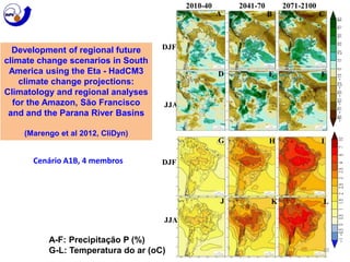 A B C 
D E F 
10 
Development of regional future 
climate change scenarios in South 
America using the Eta - HadCM3 
climate change projections: 
Climatology and regional analyses 
for the Amazon, São Francisco 
and and the Parana River Basins 
(Marengo et al 2012, CliDyn) 
DJF 
JJA 
DJF 
JJA 
2010-40 2041-70 2071-2100 
H I 
G 
J K L 
Cenário A1B, 4 membros 
A-F: Precipitação P (%) 
G-L: Temperatura do ar (oC) 
 
