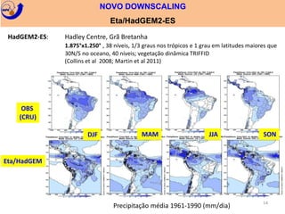 DJF MAM JJA SON 
14 
NOVO DOWNSCALING 
Eta/HadGEM2-ES 
HadGEM2-ES: Hadley Centre, Grã Bretanha 
1.875°x1.250° , 38 níveis, 1/3 graus nos trópicos e 1 grau em latitudes maiores que 
30N/S no oceano, 40 níveis; vegetação dinâmica TRIFFID 
(Collins et al 2008; Martin et al 2011) 
OBS 
(CRU) 
Eta/HadGEM 
Precipitação média 1961-1990 (mm/dia) 
 