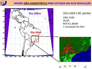VERSÃO NÃO-HIDROSTÁTICA PARA ESTUDOS EM ALTA RESOLUÇÃO 
Eta-20km 315 x 625 x 50 pontos 
Eta-5km 
1961-2100 
3h/3h 
RCP 8.5, BESM 
1 simulação Eta-5km 
20 
 