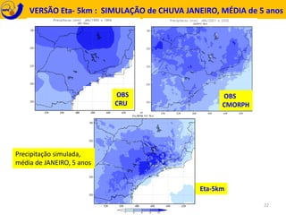 VERSÃO Eta- 5km : SIMULAÇÃO de CHUVA JANEIRO, MÉDIA de 5 anos 
22 
OBS 
CRU 
OBS 
CMORPH 
Eta-5km 
Precipitação simulada, 
média de JANEIRO, 5 anos 
 