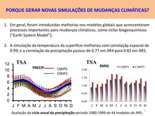 PORQUE GERAR NOVAS SIMULAÇÕES DE MUDANÇAS CLIMÁTICAS? 
1. Em geral, foram introduzidas melhorias nos modelos globais que acrescentaram 
processos importantes para mudanças climáticas, como ciclos biogeoquímicos 
(“Earth System Model”); 
2. A simulação da temperatura da superfície melhorou com correlaçãp espacial de 
0.99; e a correlação da precipitação passou de 0.77 em AR4 para 0.82 em AR5. 
12 
10 
8 
6 
4 
2 
0 
TSA 
PRECIP RMSE 
J F M A M J J A S O N D 
TSA 
2.00 
1.50 
1.00 
0.50 
0.00 
CMIP5 CMIP3 
J F M A M J J A S O N D 
CMIP5 
CMIP3 
Avaliação do ciclo anual da precipitação período 1980-1999 de 44 modelos do AR5. 
5 
 
