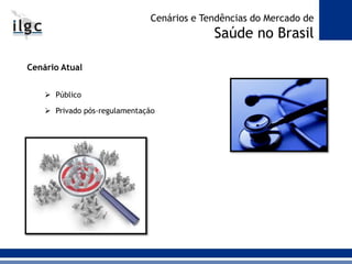Cenários e Tendências do Mercado de
Saúde no Brasil
Cenário Atual
 Público
 Privado pós-regulamentação
 