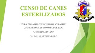 CENSO DE CANES
ESTERILIZADOS
EN LA ZONA DEL MERCADO GRAN PAITITI
UNIVERSIDAD AUTÓNOMA DEL BENI
“JOSÉ BALLIVIAN”
DR. RONAL MONTENEGRO
 