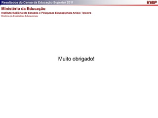 Resultados do Censo da Educação Superior 2011

Ministério da Educação
Instituto Nacional de Estudos e Pesquisas Educacionais Anísio Teixeira
Diretoria de Estatísticas Educacionais




                                            Muito obrigado!
 