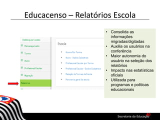 Educacenso – Relatórios Escola
• Consolida as
informações
migradas/digitadas
• Auxilia os usuários na
conferência
• Maior autonomia do
usuário na seleção dos
relatórios
• Impacto nas estatísticas
oficiais
• Utilizada para
programas e politicas
educacionais
40
 