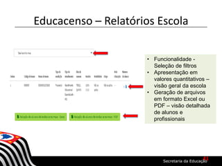 Educacenso – Relatórios Escola
• Funcionalidade -
Seleção de filtros
• Apresentação em
valores quantitativos –
visão geral da escola
• Geração de arquivos
em formato Excel ou
PDF – visão detalhada
de alunos e
profissionais
41
 