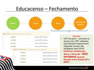 Educacenso – Fechamento
Atenção
• CPF de aluno – somente os
alunos com CPF validados
pela Receita Federal foram
migrados (campo não
obrigatório para 2016)
• Endereço residencial -
Aluno e Docente - NÃO
INFORMAR (acordo
firmado entre Estado SP e
INEP) .
52
 
