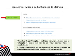 Educacenso - Módulo de Confirmação de Matrícula
• O módulo de confirmação de matrícula é a funcionalidade para a
validação dos alunos com mais de um vínculo de matrícula de
escolarização
• É de responsabilidade das escolas confirmar ou desconsiderar as
matrículas com duplicidade de vínculo de escolarização
56
 