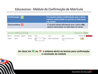 Educacenso - Módulo de Confirmação de Matrícula
Confirmação O usuário estará confirmando que o aluno
estava matriculado na escola na data base
do censo
Desconsiderar O usuário estará afirmando que o aluno não
estava matriculado na data base do censo
Ao clicar em ou o sistema abrirá os termos para confirmação
e conclusão do módulo
57
 