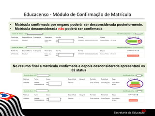 Educacenso - Módulo de Confirmação de Matrícula
No resumo final a matrícula confirmada e depois desconsiderada apresentará os
02 status
• Matrícula confirmada por engano poderá ser desconsiderada posteriormente.
• Matrícula desconsiderada não poderá ser confirmada
60
 