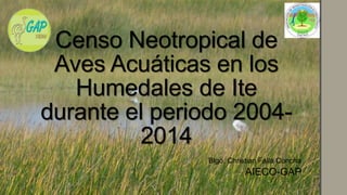 Censo Neotropical de 
Aves Acuáticas en los 
Humedales de Ite 
durante el periodo 2004- 
2014 
Blgo. Christian Falla Concha 
AIECO-GAP 
 