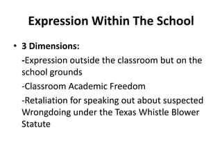 Expression Within The School
• 3 Dimensions:
  -Expression outside the classroom but on the
  school grounds
  -Classroom Academic Freedom
  -Retaliation for speaking out about suspected
  Wrongdoing under the Texas Whistle Blower
  Statute
 
