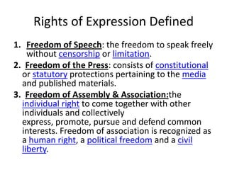 Rights of Expression Defined
1. Freedom of Speech: the freedom to speak freely
    without censorship or limitation.
2. Freedom of the Press: consists of constitutional
  or statutory protections pertaining to the media
  and published materials.
3. Freedom of Assembly & Association:the
  individual right to come together with other
  individuals and collectively
  express, promote, pursue and defend common
  interests. Freedom of association is recognized as
  a human right, a political freedom and a civil
  liberty.
 