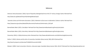 References
American Library Association. (2016). Top ten frequently challenged book lists of the 21st century. Chicago: Author. Retrieved from
http://www.ala.org/bbooks/frequentlychallengedbooks/top10
Australian Library and Information Association. (2015). Statement on free access to information. Canberra: Author. Retrieved from:
https://www.alia.org.au/sites/default/files/documents/FreeAccessToInformation_2015.pdf
Banned Books Week. (2015). Carly Basler. Retrieved from http://www.bannedbooksweek.org/heroes/carly-basler.
Banned Books Week. (2015). Grace Barry. Retrieved from http://www.bannedbooksweek.org/heroes/grace-barry
Censorship. (2016). In Oxford dictionary online. Retrieved from: http://www.oxforddictionaries.com/definition/english/censorship
Duthie, F. (2010). Libraries and the ethics of censorship. Australian Library Journal, 59(3), 86-94. Retrieved from
http://search.proquest.com/docview/751836919?accountid=10344
Moody, K. (2005). Covert censorship in libraries: a discussion paper. Australian Library Journal, 54(2), 138-147. Retrieved from http://www.ebscowhost.com
 