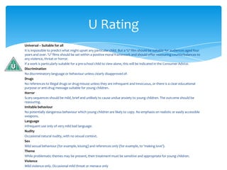 U Rating
Universal – Suitable for all
It is impossible to predict what might upset any particular child. But a ‘U’ film should be suitable for audiences aged four
years and over. ‘U’ films should be set within a positive moral framework and should offer reassuring counterbalances to
any violence, threat or horror.
If a work is particularly suitable for a pre-school child to view alone, this will be indicated in the Consumer Advice.
Discrimination
No discriminatory language or behaviour unless clearly disapproved of.
Drugs
No references to illegal drugs or drug misuse unless they are infrequent and innocuous, or there is a clear educational
purpose or anti-drug message suitable for young children.
Horror
Scary sequences should be mild, brief and unlikely to cause undue anxiety to young children. The outcome should be
reassuring.
Imitable behaviour
No potentially dangerous behaviour which young children are likely to copy. No emphasis on realistic or easily accessible
weapons.
Language
Infrequent use only of very mild bad language.
Nudity
Occasional natural nudity, with no sexual context.
Sex
Mild sexual behaviour (for example, kissing) and references only (for example, to ‘making love’).
Theme
While problematic themes may be present, their treatment must be sensitive and appropriate for young children.
Violence
Mild violence only. Occasional mild threat or menace only
 