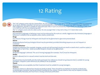 12 Rating
The ‘12A’ category exists only for cinema films. No one younger than 12 may see a ‘12A’ film in a cinema unless accompanied
by an adult, and films classified ‘12A’ are not recommended for a child below 12. An adult may take a younger child if, in
their judgement, the film is suitable for that particular child. In such circumstances, responsibility for allowing a child under
12 to view lies with the accompanying adult.
The ‘12’ category exists only for video works. No one younger than 12 may rent or buy a ‘12’ rated video work.
Discrimination
Discriminatory language or behaviour must not be endorsed by the work as a whole. Aggressive discriminatory language or
behaviour is unlikely to be acceptable unless clearly condemned.
Drugs
Any misuse of drugs must be infrequent and should not be glamorised or give instructional detail.
Horror
Moderate physical and psychological threat may be permitted, provided disturbing sequences are not frequent or
sustained.
Imitable behaviour
Dangerous behaviour (for example, hanging, suicide and self-harming) should not dwell on detail which could be copied, or
appear pain or harm free. Easily accessible weapons should not be glamorised.
Language
Moderate language is allowed. The use of strong language (for example, ‘fuck’) must be infrequent.
Nudity
Nudity is allowed, but in a sexual context must be brief and discreet.
Sex
Sexual activity may be briefly and discreetly portrayed. Sex references should not go beyond what is suitable for young
teenagers. Frequent crude references are unlikely to be acceptable.
Theme
Mature themes are acceptable, but their treatment must be suitable for young teenagers.
Violence
Moderate violence is allowed but should not dwell on detail. There should be no emphasis on injuries or blood, but
occasional gory moments may be permitted if justified by the context. Sexual violence may only be implied or briefly
and discreetly indicated, and must have a strong contextual justification.
 