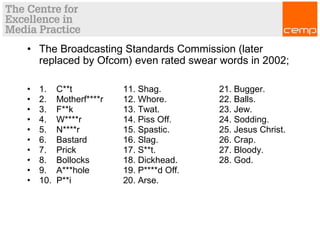 • The Broadcasting Standards Commission (later
replaced by Ofcom) even rated swear words in 2002;
• 1.    C**t    11. Shag. 21. Bugger.
• 2.    Motherf****r   12. Whore. 22. Balls.
• 3.    F**k    13. Twat. 23. Jew.
• 4.    W****r  14. Piss Off. 24. Sodding.
• 5.    N****r  15. Spastic. 25. Jesus Christ.
• 6.    Bastard 16. Slag. 26. Crap.
• 7.    Prick   17. S**t. 27. Bloody.
• 8.    Bollocks        18. Dickhead. 28. God.
• 9.    A***hole             19. P****d Off.
• 10.  P**i           20. Arse.
 
