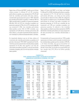 Perfil Sociodemográfico del Perú


Según área, el Censo del 2007, revela que en el área                                 Según el Censo del 2007, en el área rural existen
urbana existen 5 millones 97 mil 39 viviendas                                        2 millones 25 mil 358 viviendas particulares ocupadas,
particulares ocupadas, que representan el 95,4% del                                  que representa el 91,1% del total de viviendas
total de viviendas particulares del área urbana,                                     particulares del área, y es menor en 6,6 puntos
manteniendo igual proporción que en 1993. Del total                                  porcentuales en relación al año 1993. Por categorías
de viviendas particulares ocupadas, 4 millones 789 mil                               de ocupación, se observa que un 72,5% de las viviendas
588 viviendas están ocupadas con personas presentes                                  particulares en el área rural están ocupadas con
(89,6%); 253 mil 372 son viviendas ocupadas con                                      personas presentes; el 10,7% son viviendas de uso
personas ausentes (4,7%) y 54 mil 79 viviendas son de                                ocasional y el 7,9% son viviendas ocupadas con
uso ocasional (1,0%). Las viviendas particulares                                     personas ausentes. En relación a las viviendas
desocupadas suman 246 mil 292 viviendas, que                                         desocupadas, se observa que éstas representan el 8,9%
representan el 4,6% de las viviendas particulares del                                del total de viviendas particulares y la mayor proporción
área urbana, y una parte importante de esta proporción                               de este porcentaje son viviendas abandonadas o
son viviendas en condición de abandonadas o cerradas.                                cerradas.

Es importante destacar que en el área urbana el                                      Comparando con lo que se encontró en 1993, puede
incremento de viviendas particulares ocupadas en el                                  apreciarse en el área rural el marcado incremento de
periodo intercensal 1993-2007 representa el 55,5%,                                   las viviendas desocupadas que han crecido en 409,5%,
mientras que el incremento de viviendas desocupadas                                  y al interior de éstas, las que se encuentran en
representa el 57,3%; esto significa una tasa de                                      construcción/reparación (288,0%). Entre las ocupadas
crecimiento promedio anual de 3,1 para el caso de las                                de esta misma área, son las de uso ocasional las que
viviendas ocupadas y de 3,2 en el caso de las viviendas                              han crecido más (191,7%) en el último periodo
desocupadas.                                                                         intercensal.


                                                          CUADRO Nº 4.4
                                    PERÚ: VIVIENDAS PARTICULARES, SEGÚN ÁREA DE RESIDENCIA Y
                                        CONDICIÓN DE OCUPACIÓN DE LA VIVIENDA, 1993 Y 2007

                                                1993                          2007             Incremento intercensal                  Tasa de
        Área de residencia /                                                                                         Incremento
                                                                                                                                   crecimiento
      Condición de ocupación               Absoluto           %        Absoluto           %        Absoluto        %      anual
                                                                                                                                promedio anual

   Urbana                                 3 433 874       100,0       5 343 331        100,0      1 909 457      55,6    136 390           3,1
    Ocupada                               3 277 256         95,4      5 097 039         95,4      1 819 783      55,5    129 985           3,1
    Con personas presentes                3 017 681         87,9      4 789 588         89,6      1 771 907      58,7    126 565           3,3
    Con personas ausentes                   216 430          6,3        253 372          4,7         36 942      17,1      2 639           1,1
    De uso ocasional                         43 145          1,3         54 079          1,0         10 934      25,3        781           1,6
    Desocupada                              156 618          4,6           246 292       4,6          89 674     57,3       6 405          3,2
    Alquiler/ venta                          38 798          1,1            20 420       0,4        - 18 378    -47,4     - 1 313         -4,4
    Construcción o reparación                29 396          0,9            44 206       0,8          14 810     50,4       1 058          2,9
    Abandonada / cerrada                          -            -           164 478       3,1               -        -           -            -
    Otra causa                               88 424          2,6            17 188       0,3        - 71 236    -80,6     - 5 088        -10,8
   Rural                                  1 665 718       100,0       2 222 811        100,0        557 093      33,4     39 792           2,0
    Ocupada                               1 626 963         97,7      2 025 358         91,1        398 395      24,5     28 457           1,5
    Con personas presentes                1 409 836         84,6      1 610 543         72,5        200 707      14,2     14 336           0,9
    Con personas ausentes                   135 482          8,1        176 690          7,9         41 208      30,4      2 943           1,9
    De uso ocasional                         81 645          4,9        238 125         10,7        156 480     191,7     11 177           7,8
    Desocupada                                38 755         2,3           197 453       8,9        158 698     409,5     11 336          12,1   169
    Alquiler/ venta                            3 684         0,2             3 029       0,1           - 655    -17,8        - 47         -1,4
    Construcción o reparación                  7 288         0,4            28 274       1,3          20 986    288,0       1 499         10,0
    Abandonada / cerrada                           -           -           156 742       7,1               -        -           -            -
    Otra causa                                27 783         1,7             9 408       0,4        - 18 375    -66,1     - 1 313         -7,3
   Fuente: INEI - Censos Nacionales de Población y Vivienda 1993 y 2007.
 