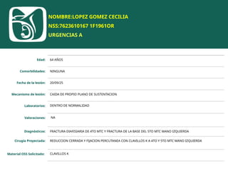 NOMBRE:LOPEZ GOMEZ CECILIA
NSS:7623610167 1F1961OR
URGENCIAS A
Edad: 64 AÑOS
Comorbilidades: NINGUNA
Fecha de la lesión: 20/09/25
Mecanismo de lesión: CAIDA DE PROPIO PLANO DE SUSTENTACION
Laboratorios: DENTRO DE NORMALIDAD
Valoraciones: NA
Diagnósticos: FRACTURA DIAFISIARIA DE 4TO MTC Y FRACTURA DE LA BASE DEL 5TO MTC MANO IZQUIERDA
Cirugía Proyectada: REDUCCION CERRADA Y FIJACION PERCUTANEA CON CLAVILLOS K A 4TO Y 5TO MTC MANO IZQUIERDA
Material OSS Solicitado: CLAVILLOS K
 